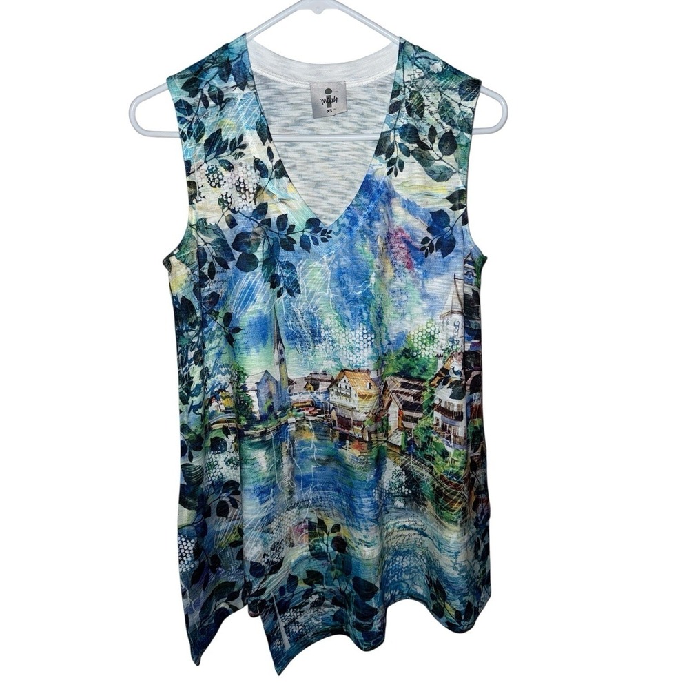 Inoah‎ Tank Top Womens XS Blue Artistic Landscape Asymmetrical V-Neck Tunic